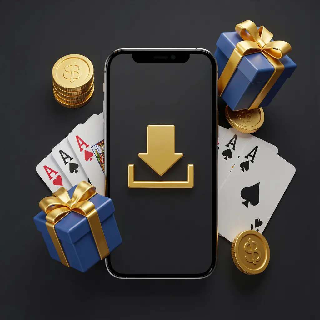Realistic 3D illustration of a smartphone displaying a download icon surrounded by golden coins, a gift box, and playing cards, representing the RM 777 casino app download concept in a modern mobile gaming atmosphere