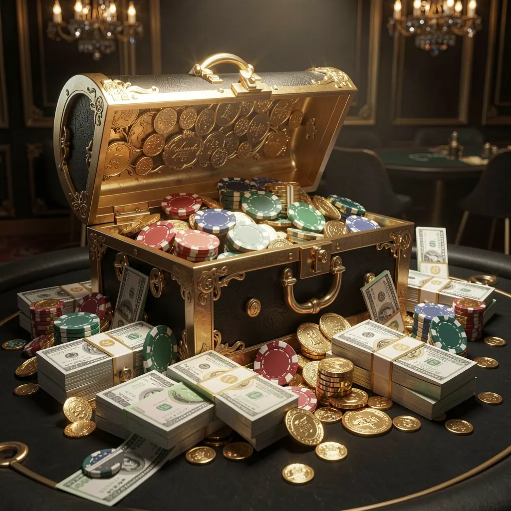 RM 777 casino rewards scene featuring a golden treasure chest overflowing with chips, cash bundles, and sparkling coins in an elegant black and gold style with dramatic lighting