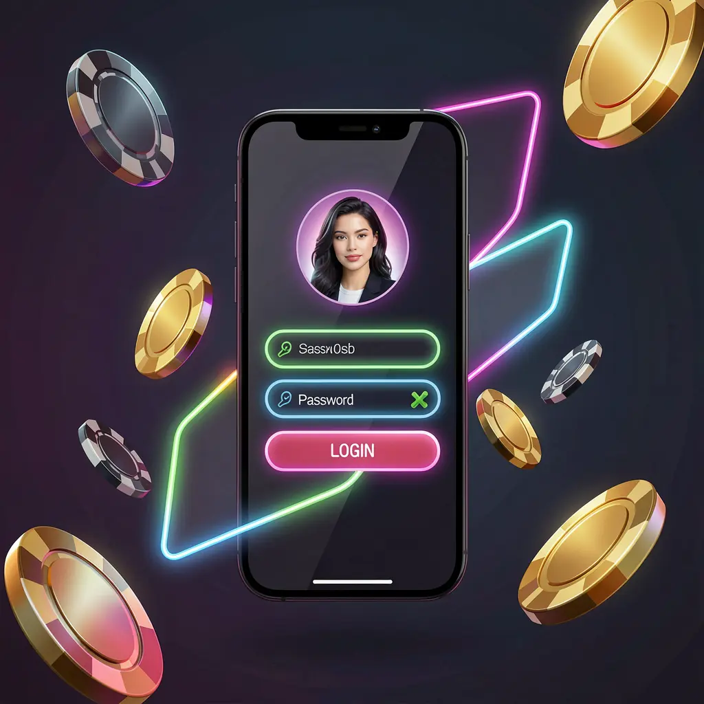 RM 777 mobile casino login screen with phone showing abstract user profile and password fields, neon glow, flying chips and coins in a dark premium casino atmosphere