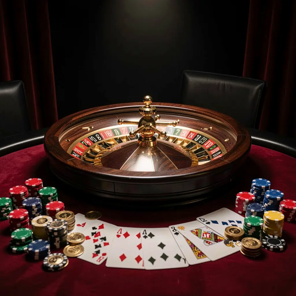 Elegant gaming table featuring roulette, blackjack cards, poker chips, and coins under luxury cinematic lighting with a black and red background, representing RM 777 online casino platform in Malaysia